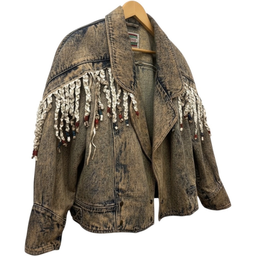 Vintage 80s Stefano International Western Acid Wash Denim Fringe Jacket